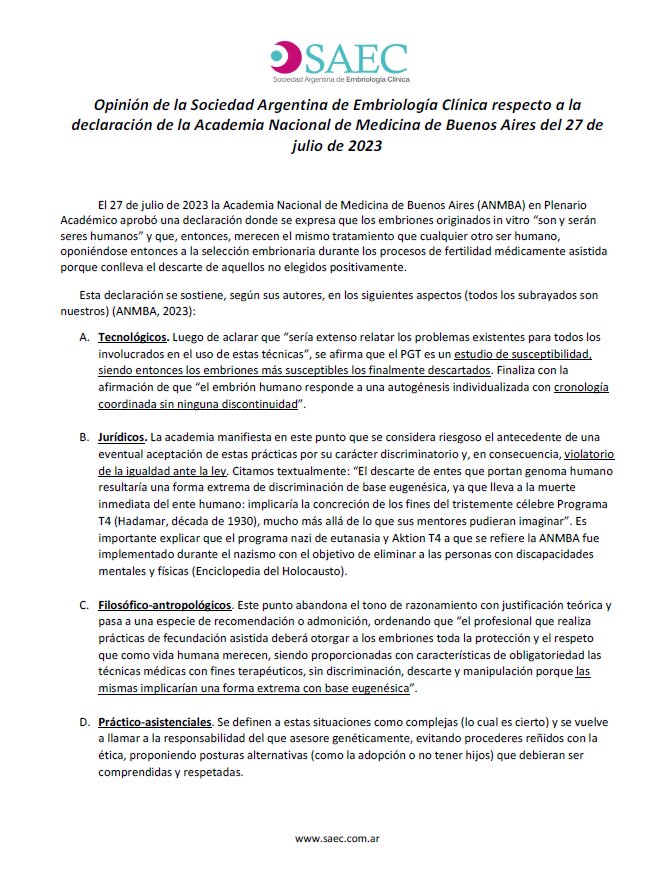 Opinión de la Sociedad Argentina de EmbriologÃa ClÃnica respecto a la declaración de la Academia Nacional de Medicina de Buenos Aires del 27 de julio de 2023