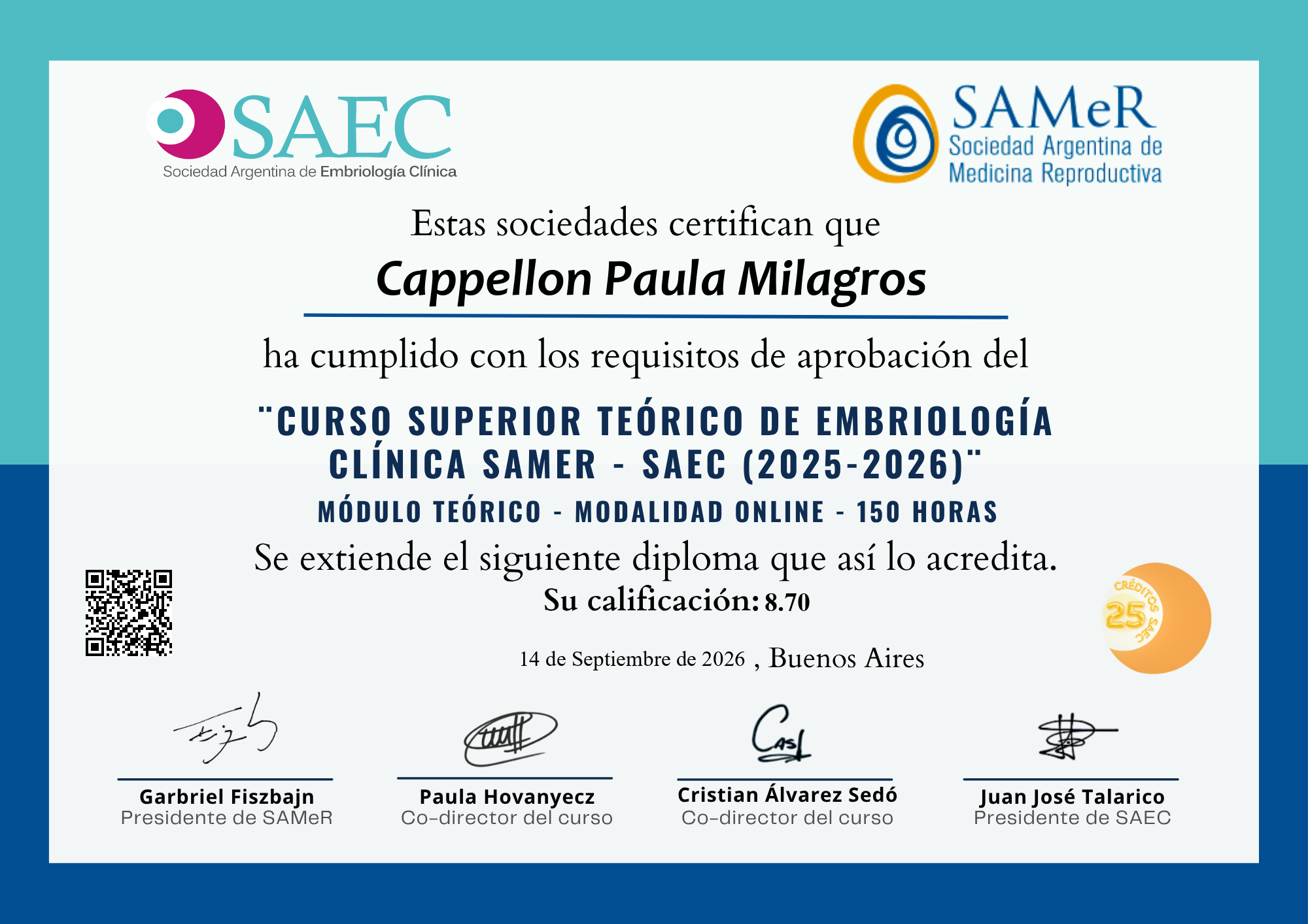 Diploma de Cappellon Paula Milagros